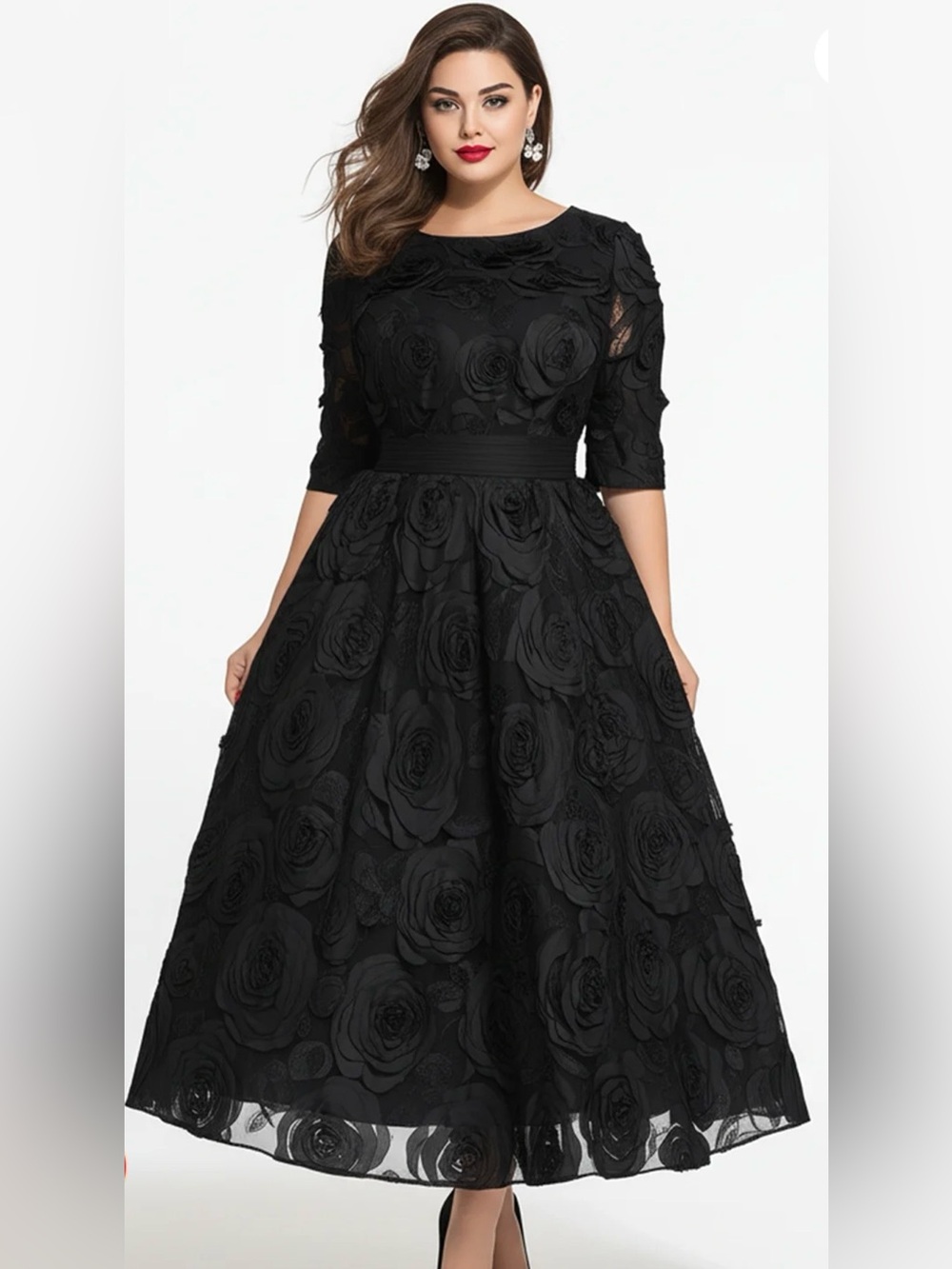 NWT Flycurvy Elegant Black Floral Midi Dress - Classic Evening Style